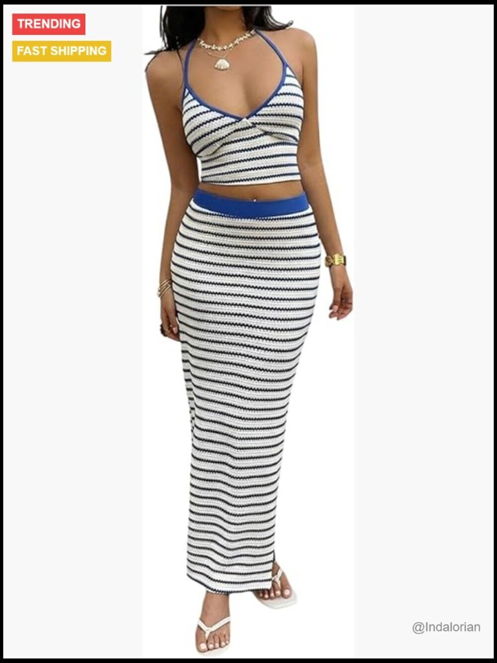 Women's 2 Piece Striped Matching Set Crop Halter Top Bodycon Maxi Knitted Skirt